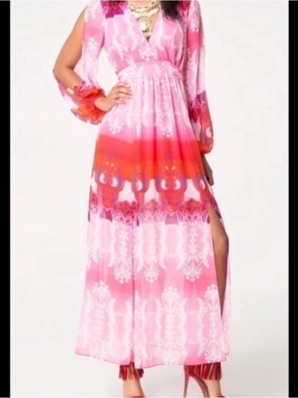 Bebe Floral Pink Multi Print Open Long Sleeve Chiffon Maxi Dress| 4